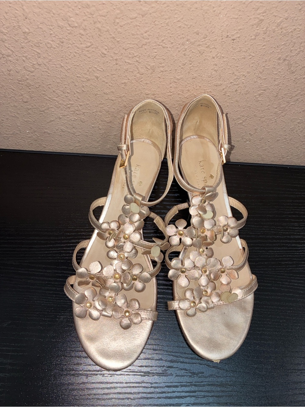 kate spade Metallic Floral Ankle-Strap Heels in Rose Gold